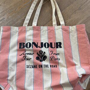 Sezane Pink and White Stripe Bonjour Amour Tour From Paris Tote Bag